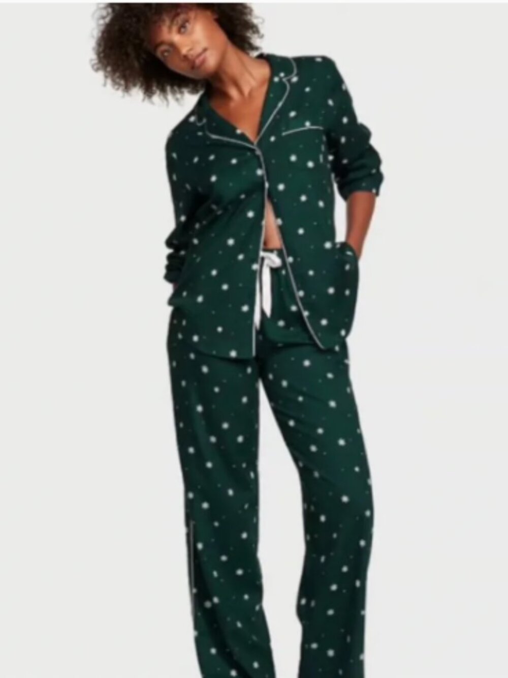 Victoria's Secret Flannel Pajama Set Women's XXL Green Button Shirt & Pants EUC